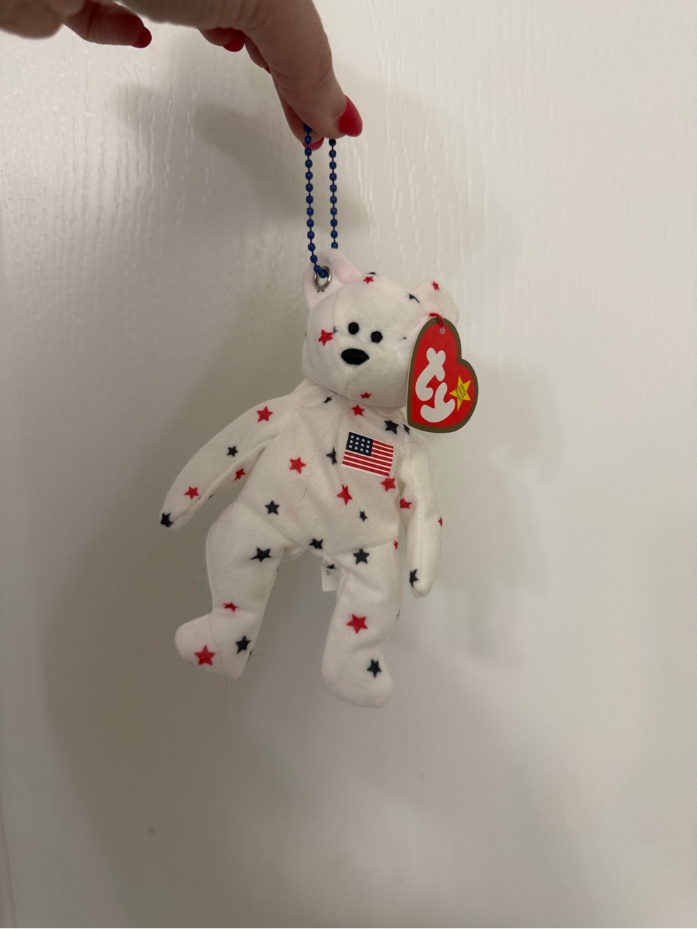 Ty White Star-Print Bear Keychain with Red & Blue Stars